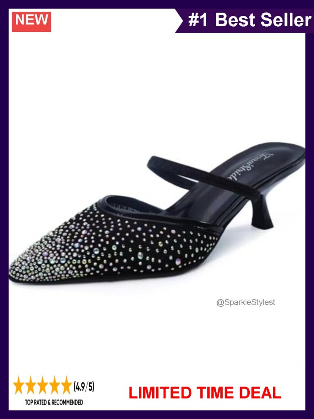 Rhinestone Pointed Toe Kitten Heel Mules Slip On Evening Party Dress Shoes